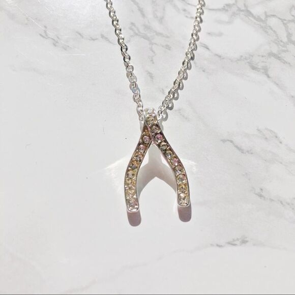 2/$30 WISHBONE Silver diamond diamante rhinestone Necklace - Picture 4 of 7